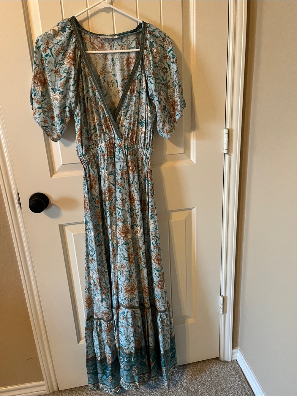 Floral V-Neck Maxi Dress in Teal and Brown